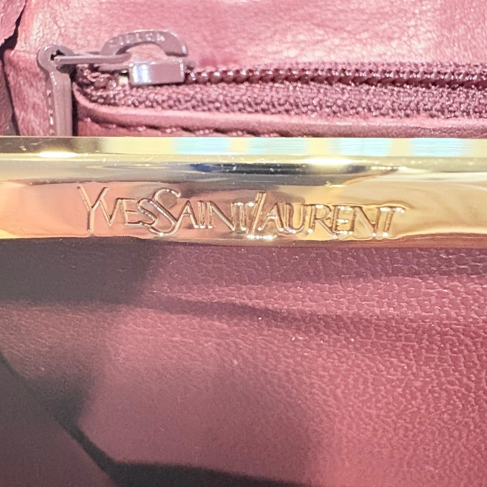 Vintage Yves Saint Laurent Leather Long Wallet Kiss Lock Burgundy Gold Tone YSL
